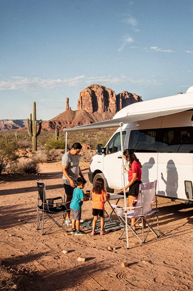 Демонстрация использования многофункциональных аксессуаров для оптимизации пространства в арендуемом фургоне