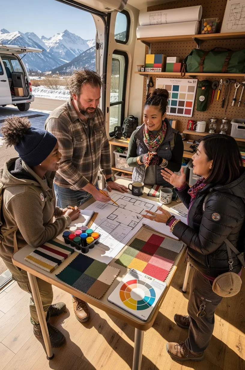 Рабочий процесс настройки внутреннего пространства кемпера с акцентом на безопасность и удобство путешественников