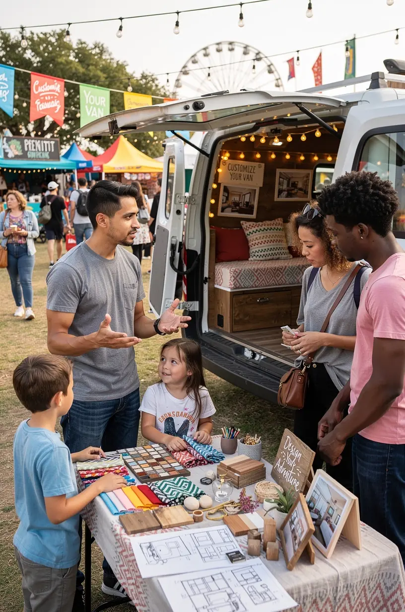 Участники мастер-класса по индивидуализации интерьера фургона обсуждают варианты организации пространства